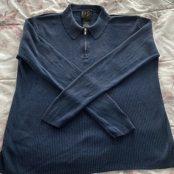 Via Seta silk blend navy blue ribbed collared 1/4 zip sweater, size M Minimalist - Picture 9 of 11